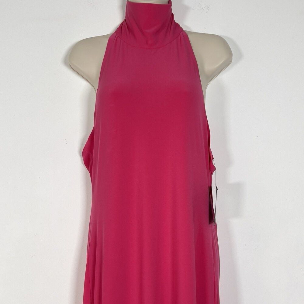 Norma Kamali Halter Turtleneck Side Slit Gown Maxi Dress Sz L Rose Pink Stretch - Picture 4 of 14